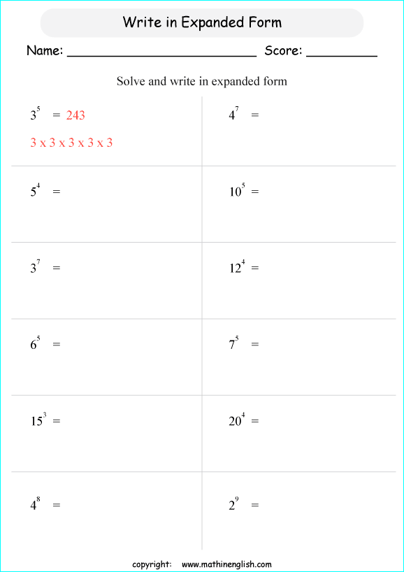 Write These Exponents In Their Expanded Forms Great Math Practice Worksheet For Grade 6 Or 7 