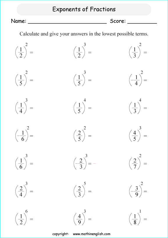 printable fraction exponents worksheets for kids in primary and elementary math class 