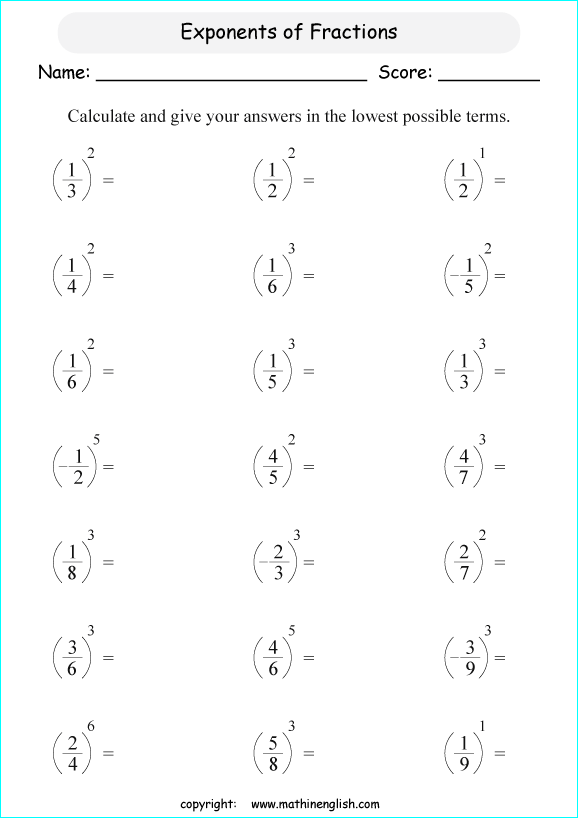 printable fraction exponents worksheets for kids in primary and elementary math class 