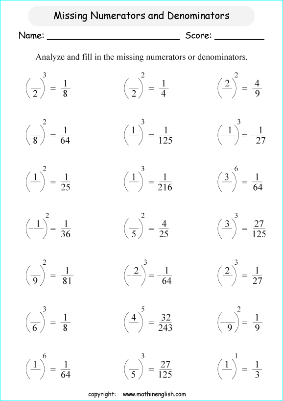 printable fraction exponents worksheets for kids in primary and elementary math class 