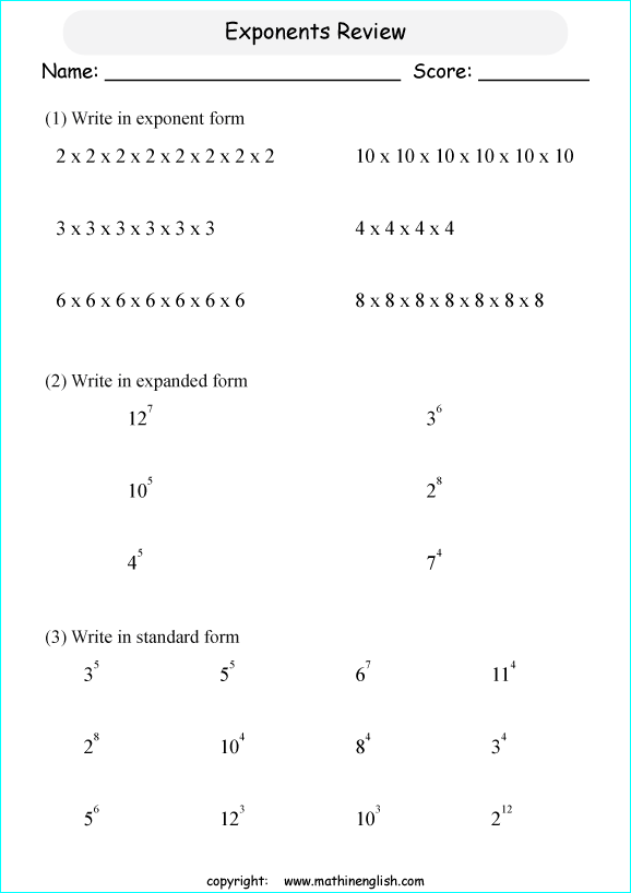 basic exponents math worksheets for grade 1 to 6 