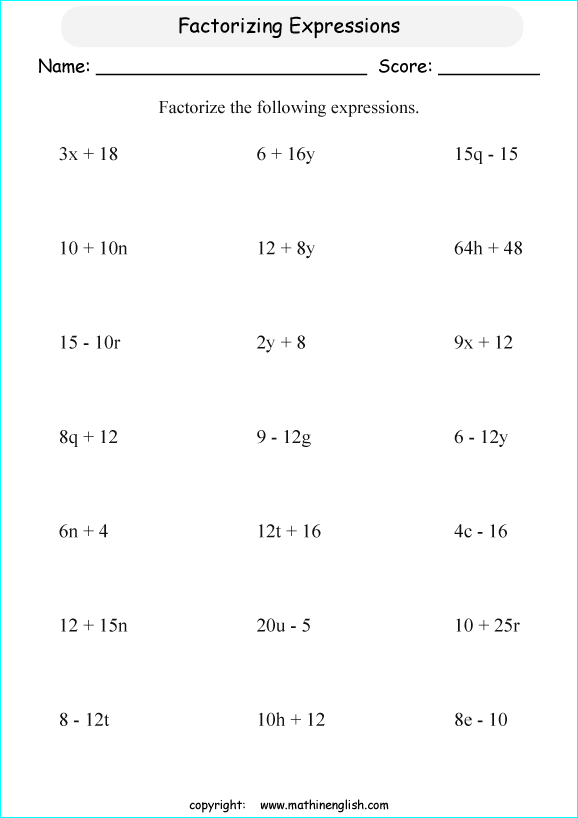 symplifying algebraic expressions worksheets for primary math