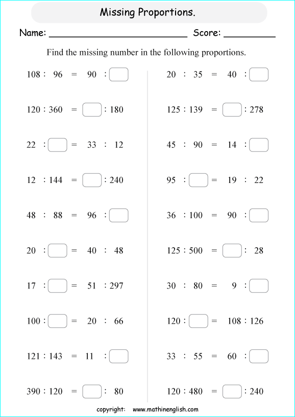 calculating proportions math worksheets for grade 1 to 6 