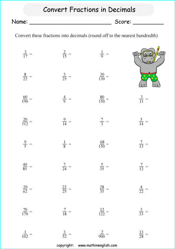 printable fraction conversion in decimals worksheets for kids in primary and elementary math class 