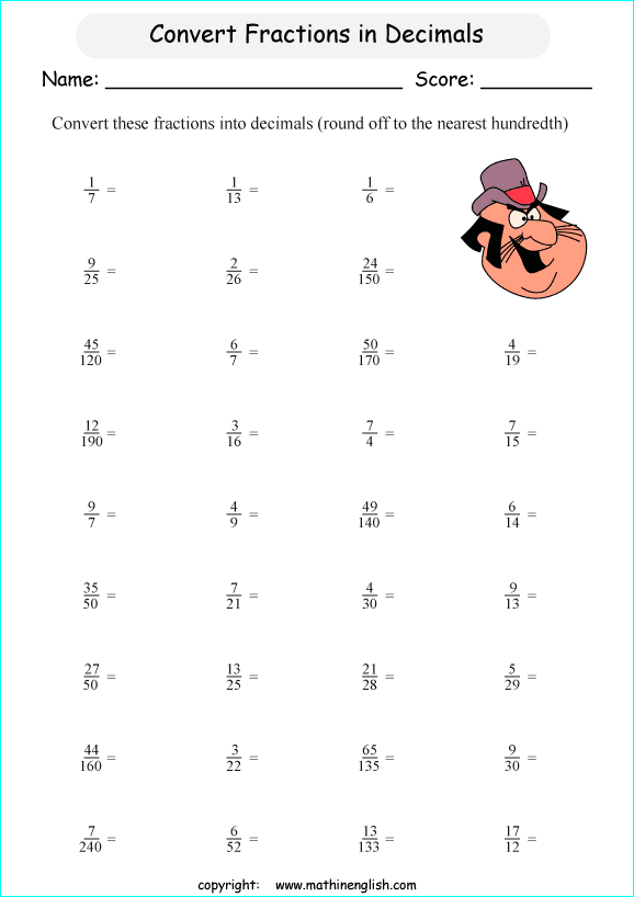 printable fraction conversion in decimals worksheets for kids in primary and elementary math class 