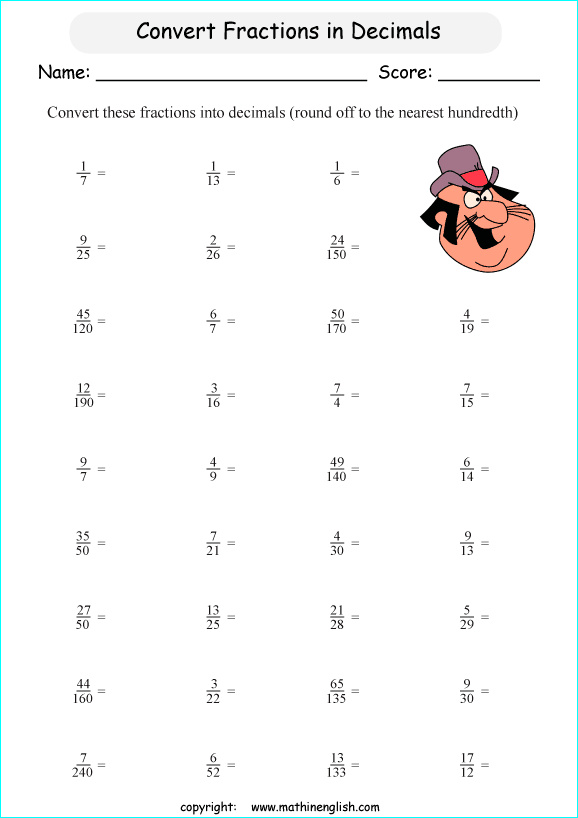 decimal into fractions worksheets for grade 1 to 6 