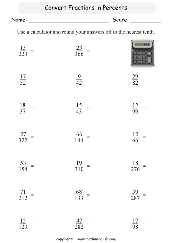 printable fraction conversion in percents worksheets for kids in primary and elementary math class 