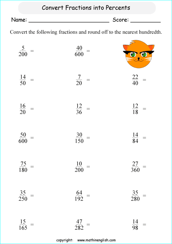 percentage  fractions conversion math worksheets for grade 1 to 6 
