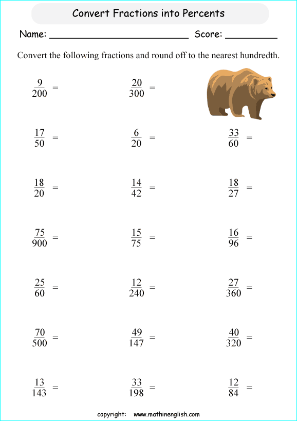 percentage  fractions conversion math worksheets for grade 1 to 6 