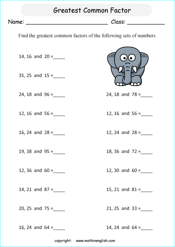 Find The Greatest Common Factor Of 3 Numbers Up To 100 Math Factoring Worksheet For Grade 6 Math 