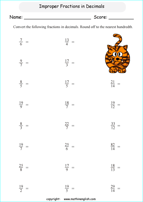 printable fraction conversion in decimals worksheets for kids in primary and elementary math class 