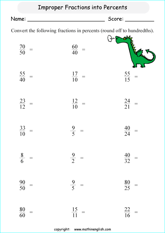 printable fraction conversion in percents worksheets for kids in primary and elementary math class 