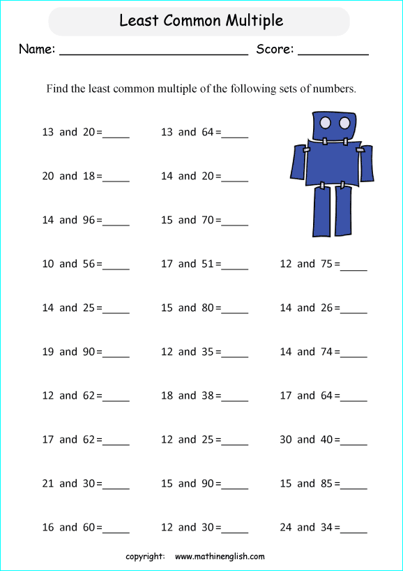 Find The Least Common Multiple Of 2 Numbers Up To 100 Math LCM Worksheet For Grade 5 Or 6 Class 
