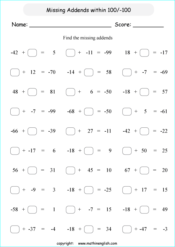printable math integer subtraction worksheets for kids in primary and elementary math class 
