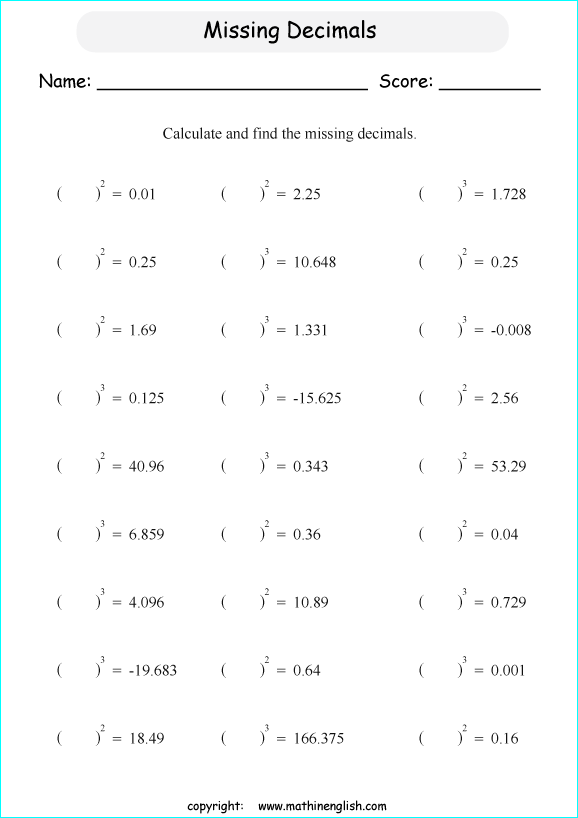  exponents of fractions and decimals math worksheets for grade 1 to 6 