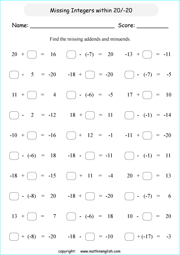 addition subtraction of integers worksheets for primary math