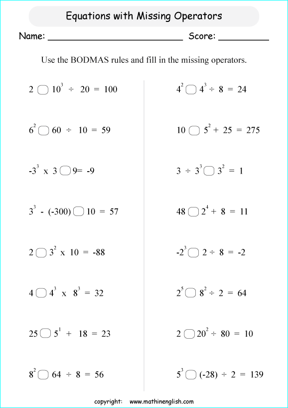 operations with exponents math worksheets for grade 1 to 6 