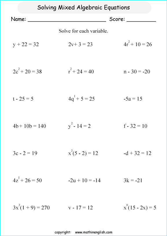 solving algebraic expressions worksheets for primary math