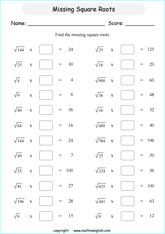 multiplying and dividing square roots math worksheets for grade 1 to 6 