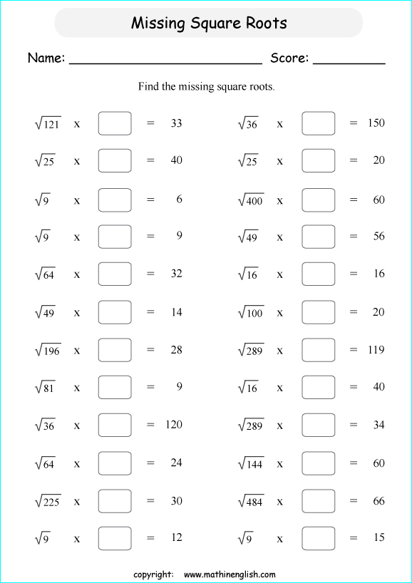 multiplying and dividing square roots math worksheets for grade 1 to 6 