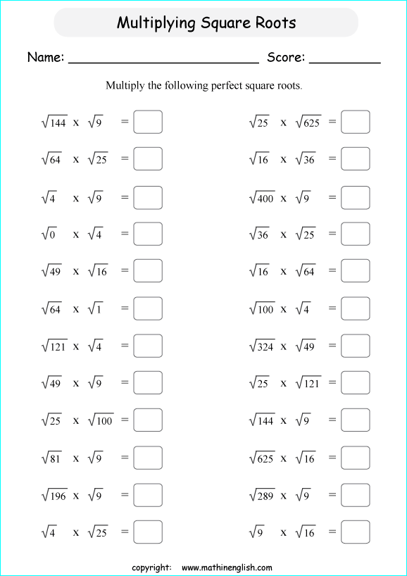 multiplying and dividing square roots math worksheets for grade 1 to 6 