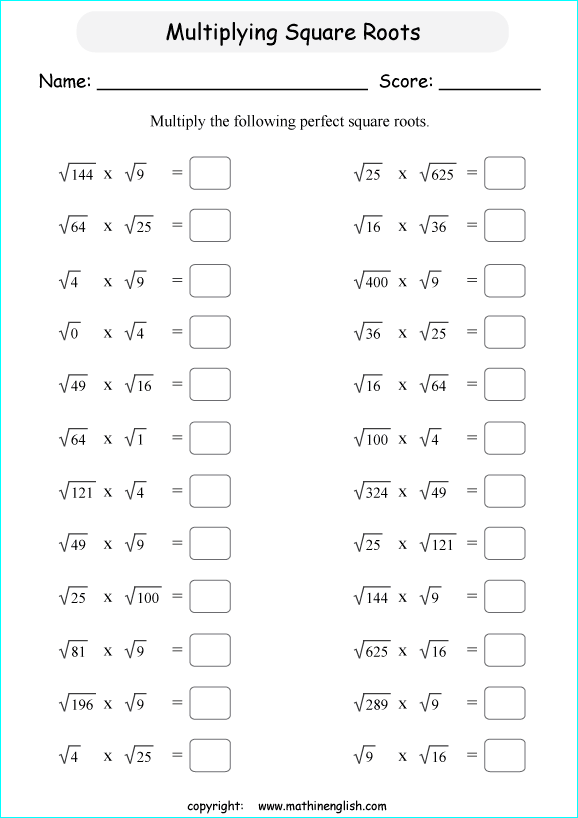 Multiply perfect square roots by square roots math worksheet for