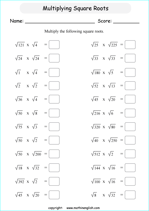 multiplying and dividing square roots math worksheets for grade 1 to 6 