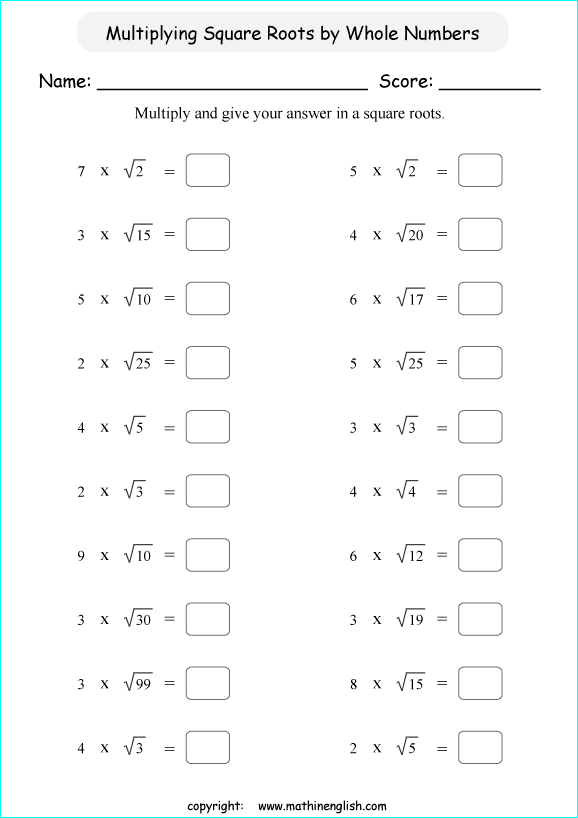 printable math multiplication of square roots worksheets for kids in primary and elementary math class 