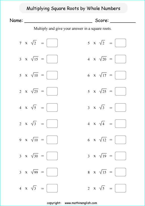 multiplying and dividing square roots math worksheets for grade 1 to 6 