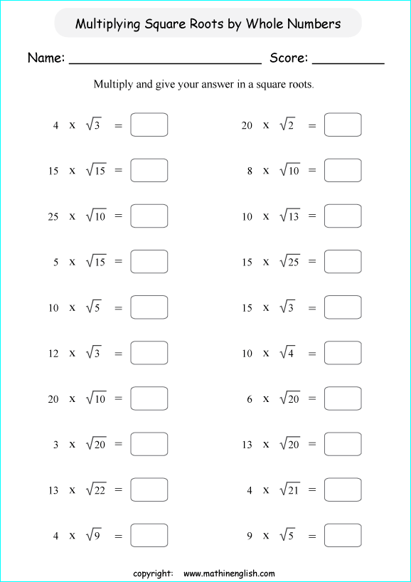 multiplying and dividing square roots math worksheets for grade 1 to 6 