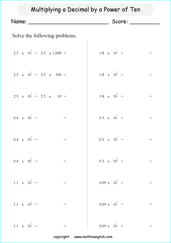 powers of ten exponents math worksheets for grade 1 to 6 
