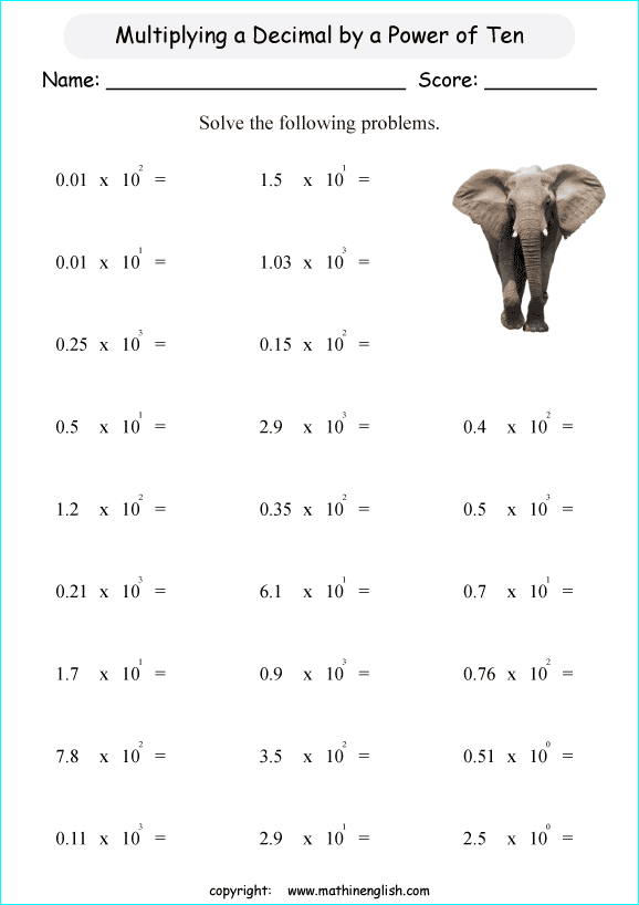 Multiplying Decimal Numbers Powers Of Ten Worksheet