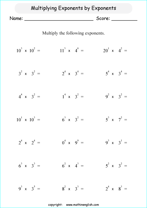 Exponents And Multiplication Worksheet Key