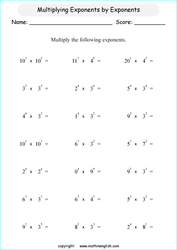 operations with exponents math worksheets for grade 1 to 6 