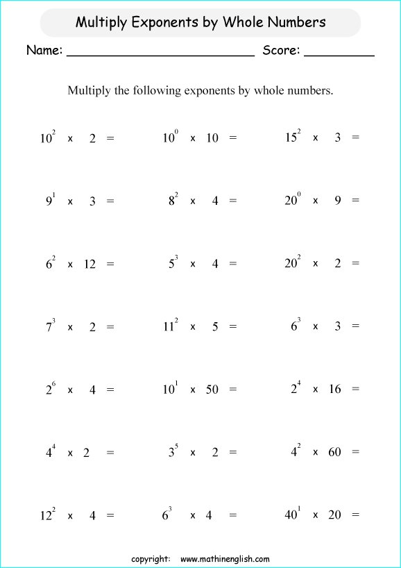 printable math multiplication of exponents worksheets for kids in primary and elementary math class 