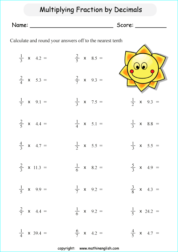 Multiply decimal numbers by fractions math grade 6 worksheet for extra