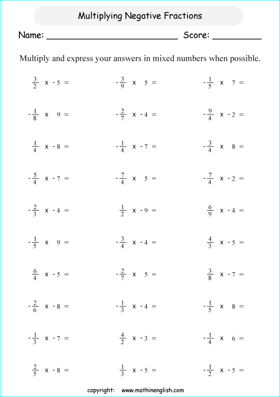 printable math multiplication of fractions worksheets for kids in primary and elementary math class 