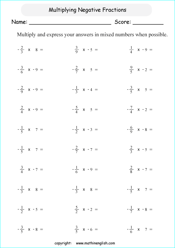 Multiplying And Dividing Negative Fractions And Mixed Numbers Worksheets