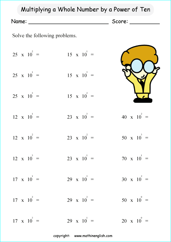 powers of ten exponents math worksheets for grade 1 to 6 