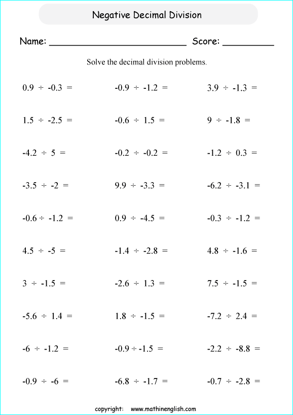 Dividing Decimals With Negative Numbers Worksheet