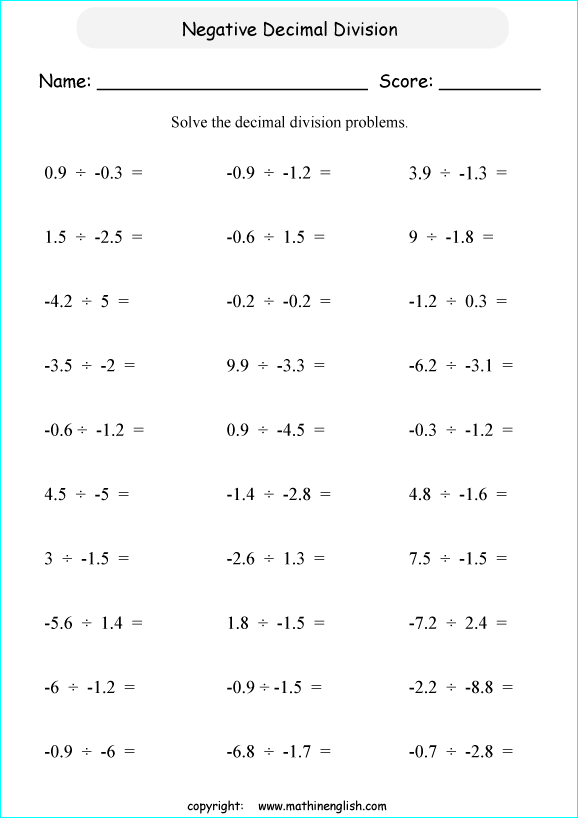 Division Of Negative Decimals Worksheet For Grade 6 Students Great Extra Practice Math Worksheet 
