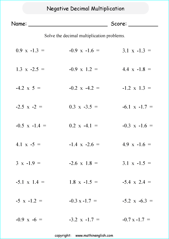 Math multiplication worksheet of negative decimals. Great math