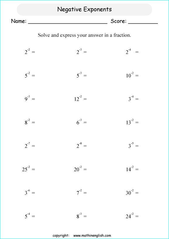 Negative Exponents Worksheet Answers