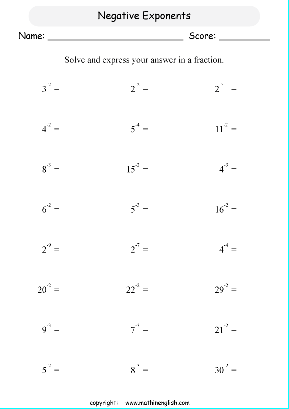  exponents of negative numbers math worksheets for grade 1 to 6 
