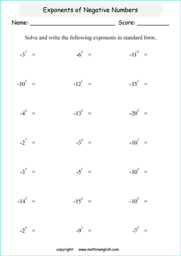  exponents of negative numbers math worksheets for grade 1 to 6 