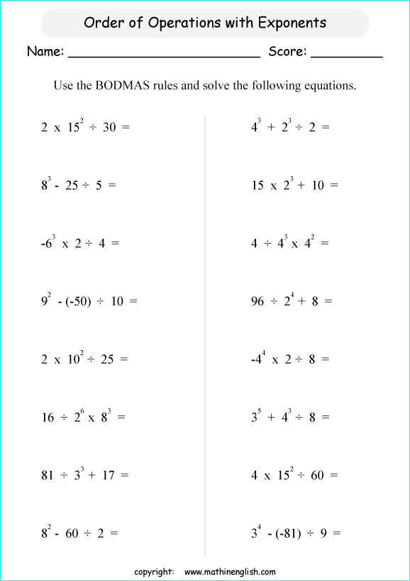 operations with exponents math worksheets for grade 1 to 6 