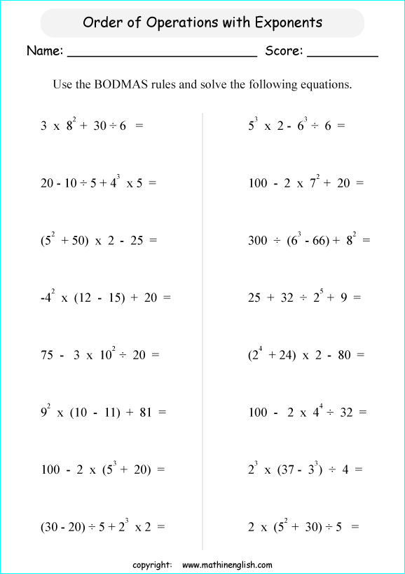 operations with exponents math worksheets for grade 1 to 6 