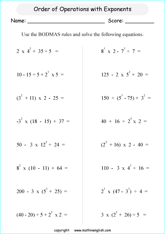 operations with exponents math worksheets for grade 1 to 6 