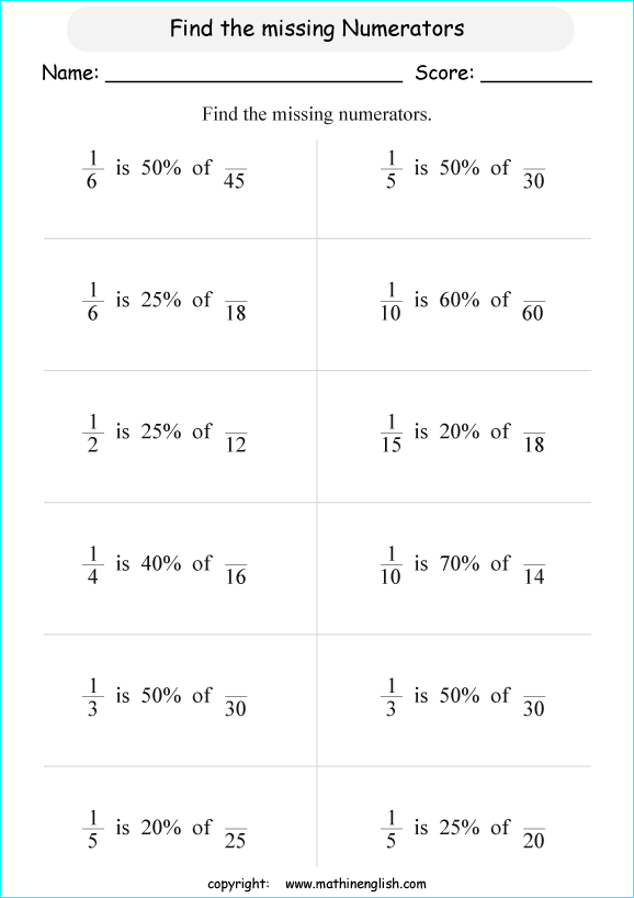 percentage of fractions math worksheets for grade 1 to 6 