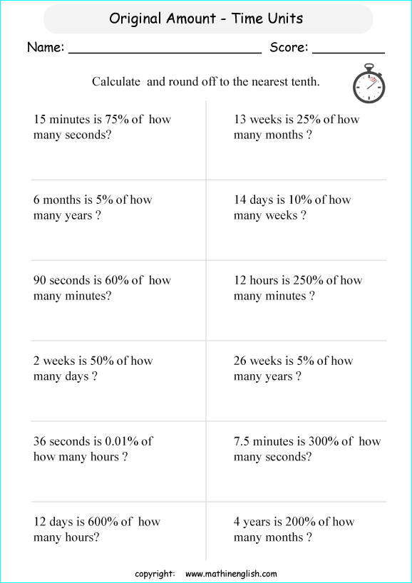 original amount percentage math worksheets for grade 1 to 6 